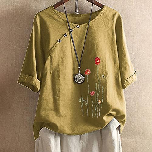 Womenенски 3/4 ракав врвови на вратот и блузи од памучни ленени кошули за жени лабава вклопена цветна графичка маичка обична маичка