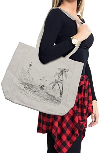 Торба за купување на плажа Амбесон, скица за морски палми со чамци палма и светилница крајбрежна рака нацртани уметнички дела, еколошка торба за еднократна употреб
