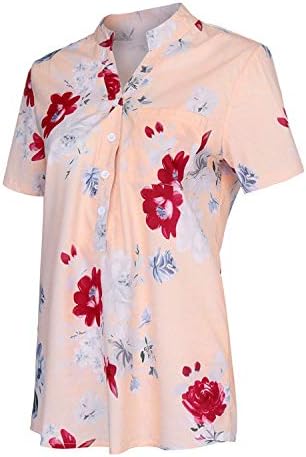 Andongnywell жени кошули со копчиња случајни кратки ракави против вратот плус печатени врвови маици со џеб