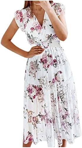 Обични фустани за жени цветни бохо еластични високи половини V вратот со долг фустан корсет јагода памучни фустани