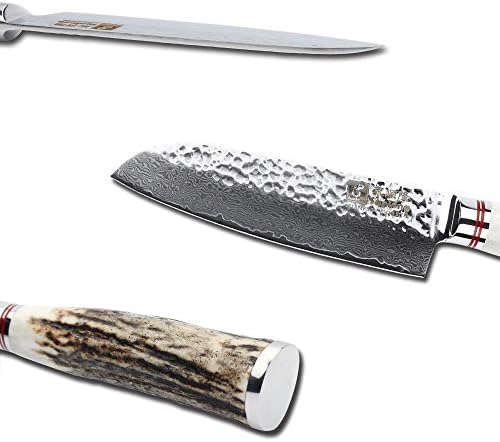 Сончев Дамаск Сантоку нож 7 инчен професионален нож за готвачи - Јапонски 67 слоја Висока јаглерод Дамаск челик - Ергономска рачка за антилер