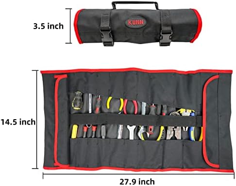 Организатор на алатки за алатки, алатка за клучеви и шрафцигер торбичка тешка 32 џебови се тркалаат торба со алатки, црна/црвена боја