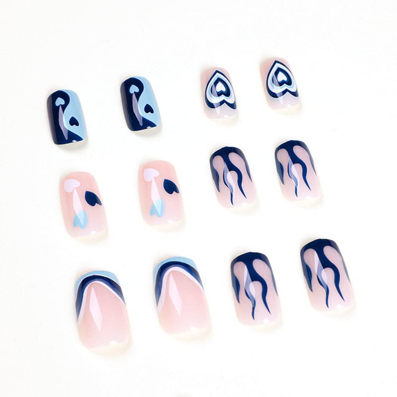 QINGGE Valentine's Day Nude Press on Nails Short Colorful Hollow Heart Fake Nails Lips False Nails with Glue on Nails Square Stick on Nails