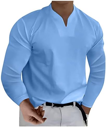 Летни кошули за мажи случајна стилска цврста боја V вратот на џентлменски тенок деловен фит деловен маица со долг ракав