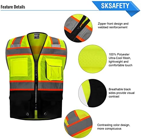 Sksafety 10 џебови Професионално ниво безбедносен елек, безбедносен елек од класа 2 со висока видливост со патент, здраво вирс со рефлексивни