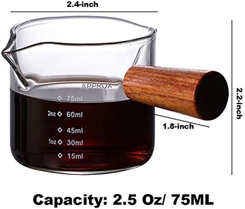 Дадамонг 2-пакет еспресо шут стакло 2,5-унца, двојни измет за мерење на чашата тројно стомна мини млеко чаша со дрвена рачка стакло крема за чај од кафе или сируп од ја