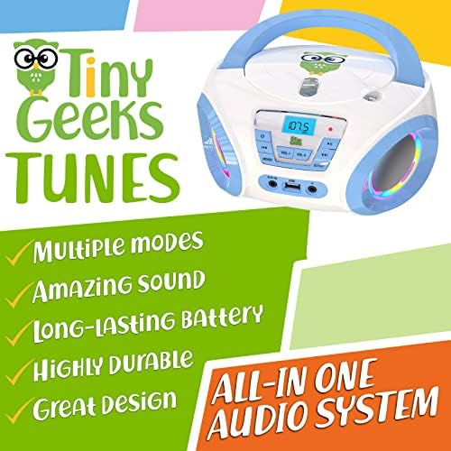 Tinygeeks Tunes Kids Boombox CD плеер за деца - Нов 2023 - FM радио - Вклучени батерии - симпатичен бел радио ЦД плеер со звучници за деца