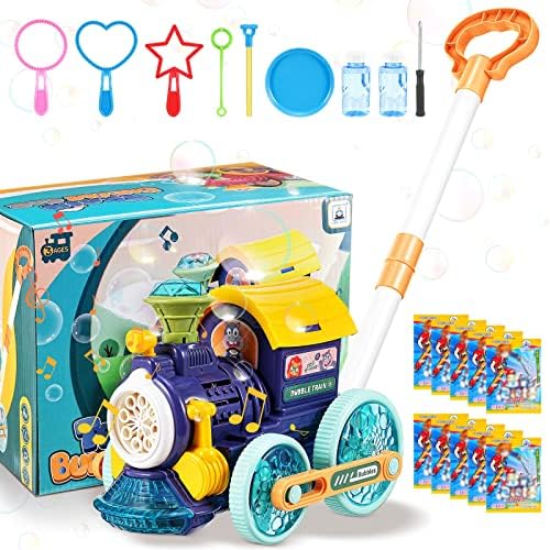 Копче за трева за трева за меурчиња за мали деца, автоматски играчки за воз со музички светла, електронски меур за вентилатор за меурчиња