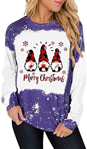 Божиќни џемпери за женска симпатична мала гномска кошула трендовски зимски долги ракави, вратоврска боја, случајна пукаловер врвот на врвот