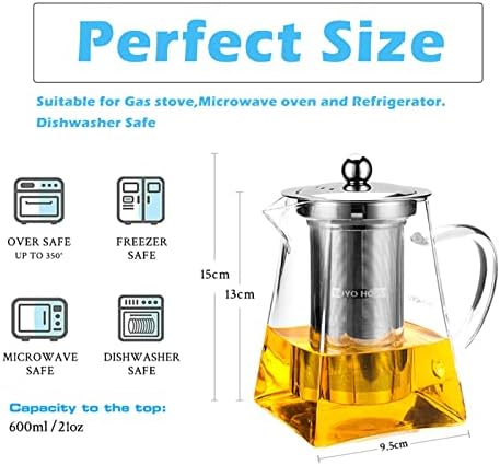 Toyo Hofu 20oz/600ml чиста боросиликатна квадратна чаша чајник со цедилка за инфузер од не'рѓосувачки челик за цветање лабав чај од лисја,