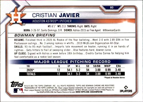 2021 Bowman Chrome 80 Cristian Havier RC Rackie Houston Astros MLB Baseball Trading Card