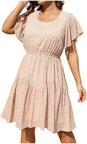 Tifzhadiao плус големина лабав фустан за жени, женски кратки ракави руфли цветни печатени фустани со висок половичен мини фустан