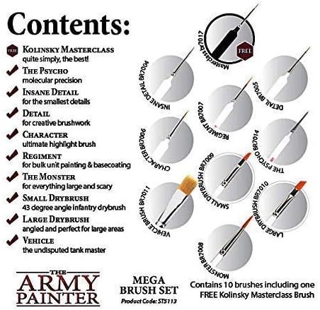 Армискиот сликар Мега боја сет 3 и мега -пакет за четки - комплет за минијатурни сликарство од 50 акрилни бои и 10 четки за минијатурни