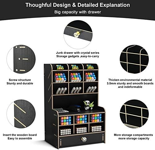 Marbrasse го надгради држачот за дрвени моливи, организатор на пенкало за биро со 15 оддели + фиока, десктоп стационарна организатор