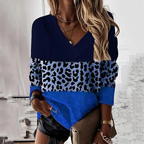 Grge beuu жени обични долги ракави џемпери лабави v врвови на вратот удобни маици за пулвер во боја блок -џемпери за печатење на леопард