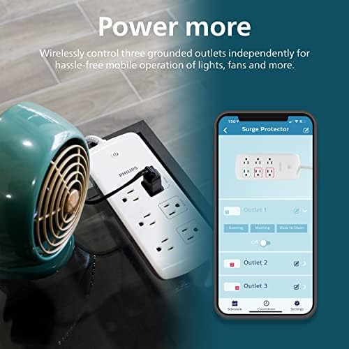 Philips 6 Outlet Smart Surge Protector, 4 ft плетенка кабел, индивидуална контрола, компатибилна со Alexa, Google Home, Bluetooth