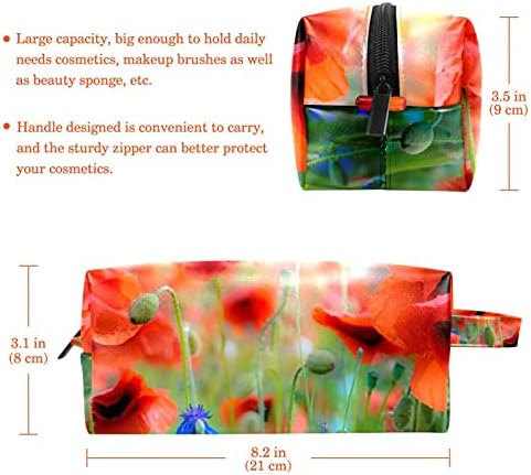 Преносни Патни Торби За Шминка Козметички Организатор Тоалетни Торби За Жени И Девојки Црвени Афион Со Сини Диви Цвеќиња
