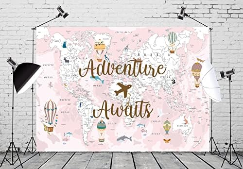 Белеко 20x10ft ткаенина Авантура чека позадина розова светска мапа мапа патување со тематски забави украси Авион топол воздух балони бон