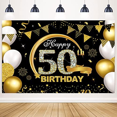 5х3фт Среќен 50 Ти Роденден Банер Позадина Црна И Златна 50 Ти Роденден Украси За Мажи Жени 50 Роденден Знак Забава Материјали Педесет Години Роденден Фотографија Поза
