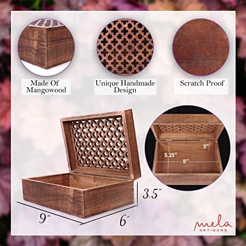 Декоративна кутија за складирање на мела занаетчии со капакот на шарки - среден лак, голем | 9 ”x 6” x 3,5 ”| Рустикален дизајн на Трелис | Манго дрво направено | Идеално