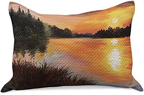 Лунарлива шумска плетена ватенка перница, езерска шума на зајдисонце апстрактна уметност стил на импресионизам, стандарден покривка на перници