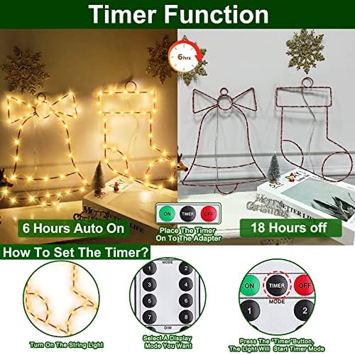 Турнмеон [8 режими и тајмер 2 парчиња Божиќни прозорец светла Декорации 40 LED XMAS чорап џингл bellвонче за далечински управувач батерија