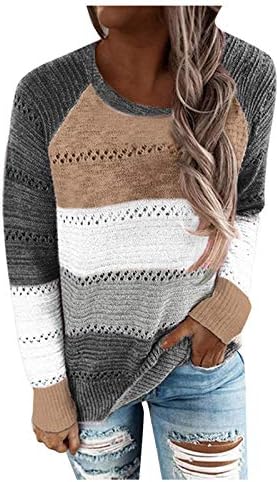 Muduh џемпери за жени исечени околу вратот на вратот мек удобно шулење на контраст во боја со долги ракави џемпер за пулвер