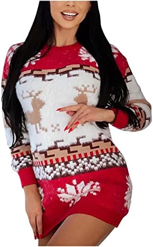 Ruziyoog Women Women Turtleneck Долг ракав џемпер фустан Божиќ грда ирваси печатена тунична фустан плетена тенок фит фустан