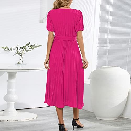 Дами летни фустани 2023 случајна обвивка против вратот со кратки ракави макси фустан со висок половината