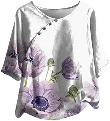 Есенска летна кошула за блуза за жени 2023 облека памучна екипаж на вратот графичко копче надолу горе DM DM