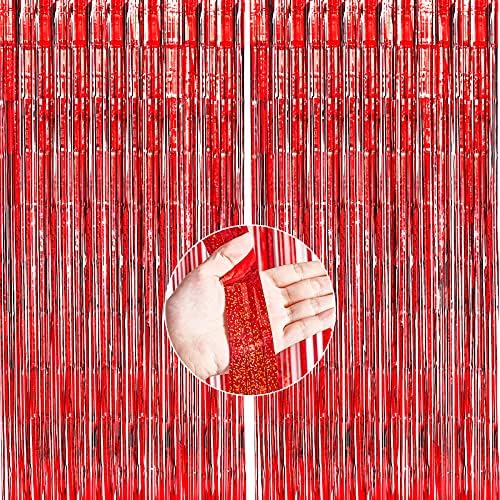 Партиовско фолија завеса црвена, 2 парчиња 3,3х6,6 стапки за завеси од лимчиња, црвени стрими, позадини на раб, позадината на лиментот, завесата