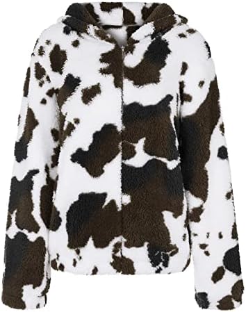 Womenените крави печати качулка врв, женски преголем шерпа пулвер качулка џеб нејасен руно џемпер вратоврска боја меки палто