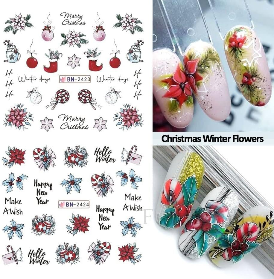 Нови 12 парчиња Божиќни цвеќиња на налепници за нокти Декорација Зелена зимска дрво Вода Декларации Симпатична птица снегулка