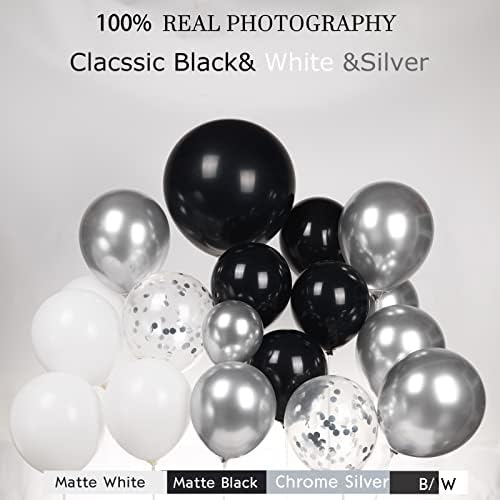 Црно-Бел сребрен балон венец лак комплет 145 парчиња со хром сребрена круна агат сиви балони за Украси за Забави за 30-ти Роденден Дипломирање