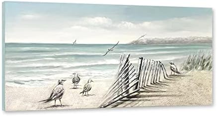 Lihuazjart Голема плажа рачно насликана масло сликарство декоративна wallидна уметност, 24x48 инчи морска пејзаж врамени уметнички дела