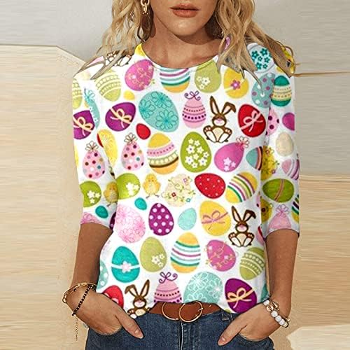 Женска дневна летна кошула за велигденски зајаче за жени Симпатични печатени врвови со долги ракави маички 3/4 кошула со ракави