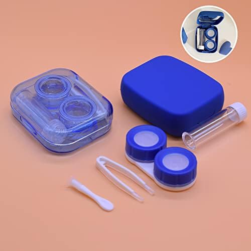 FSUNTHMASS [Пакет од 2] Преносен контакт леќа кутија сина чистачка со огледало, сина транспарентна контактна кутија за контакт