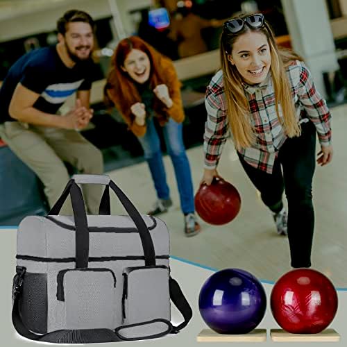 Алемин торба за куглање за 2 топки, торбичка за топка за куглање со 2 дрвени чаши за куглање, мулти-џебови торба за топка за куглање се вклопуваат