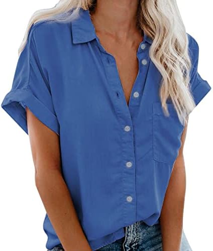 Womanена модна каузална маица за вртење на јака, блузи со цврсти кратки ракави, врвови 2023 летна облека