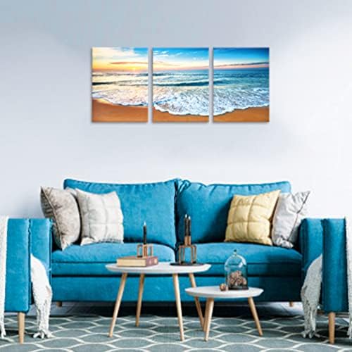 Пејзаж на плажа Слика Декор за wallидни уметнички платно печати уметнички дела океански бранови за модерна домашна жолта тема со врамена до големина