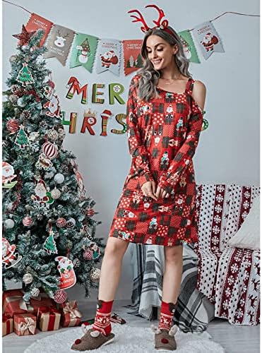 Ружијог Божиќен Секси Ладен Фустан За Рамо За Жени Обични Фустани Со Туника Со Долги Ракави Празнична Лабава Маица Фустан Со А-Линија