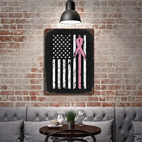 Wallиден знак рак на дојка Тенки розови линии Американско знаме розови панделки алуминиумски знак 12 x16 рак на дојка розови панделки