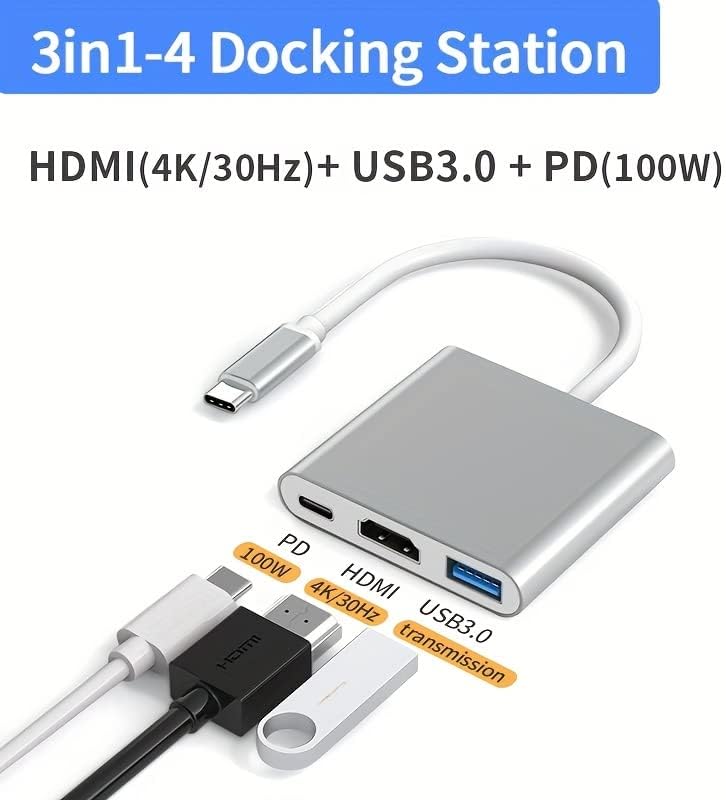 3 во 1 USB-C мултипорт адаптер, USB-C до HDMI 4K@30Hz, PD полнење 100W моќност, USB-C до USB3.0, компатибилен со MacBook Pro, iPad,