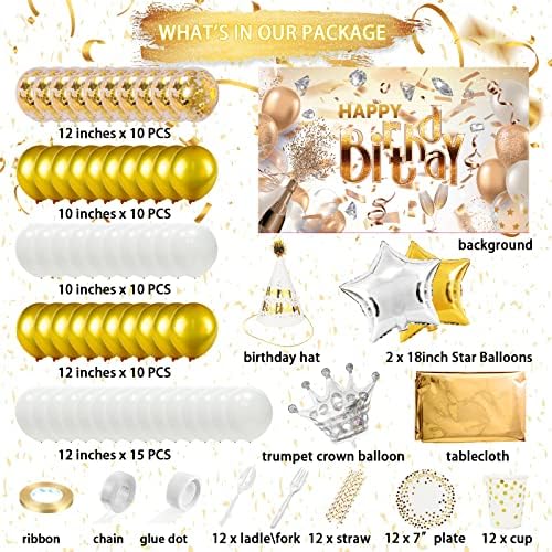 Партиско место! 125 парчиња за декорација на забави за бело злато за роденденски момчиња, 58 парчиња латекс балони уникатна позадина,