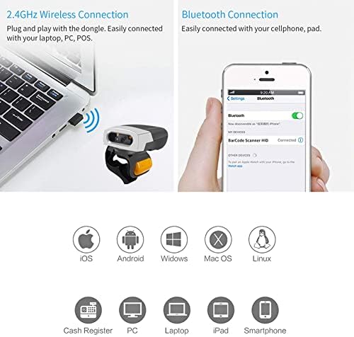 Symcode Bluetooth 2D Ring Ring Scanning Scanning BarCode Scanner, 4,9ft-6,5ft растојание за скенирање може да ја заштеди проблемот