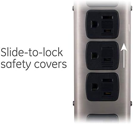 GE 5-Outlet Surge Protector Power Strip, 2 USB порти, продолжение за продолжување на 4 стапки, рамен приклучок, дополнителен широк адаптер распореден