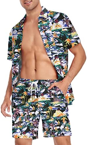 Елен дама, машка хавајски сет, случајно копче надолу со кошула цветна хавајска кошула и шорцеви костуми