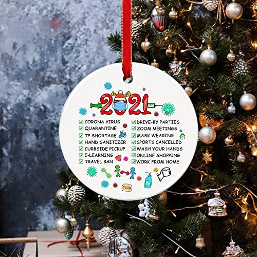 Божиќни украси 2021 година на новогодишна елка 3 Двострана печатена керамичка рунда висечки украси Пандемски Божиќни украси Најдобри подароци