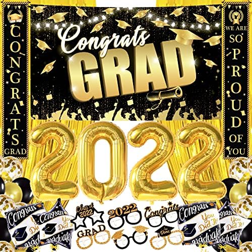 Огромни Украси За Забави За Дипломирање 2022 Година-Црни И Златни Кутии Со Балони За Дипломирање | Честитки Град Банер | Златен Број 2022 Балони | Црни И Златни Украси За
