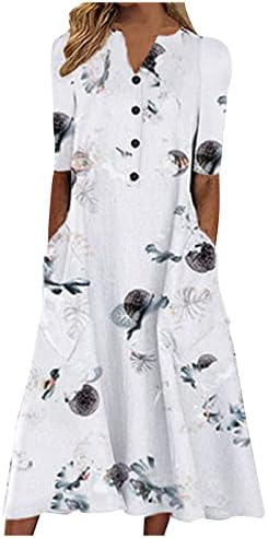Adhowbew жени цветни кратки ракави со тркалезен врат миди фустан со џебови плус големина